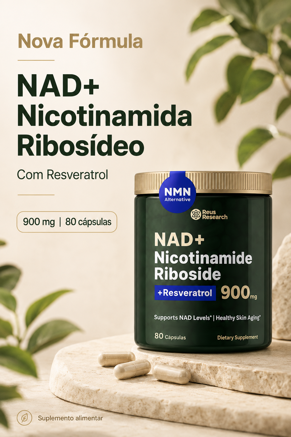 NAD+ com Nicotinamida Ribósido e Resveratrol – 900 mg | 80 Cápsulas
