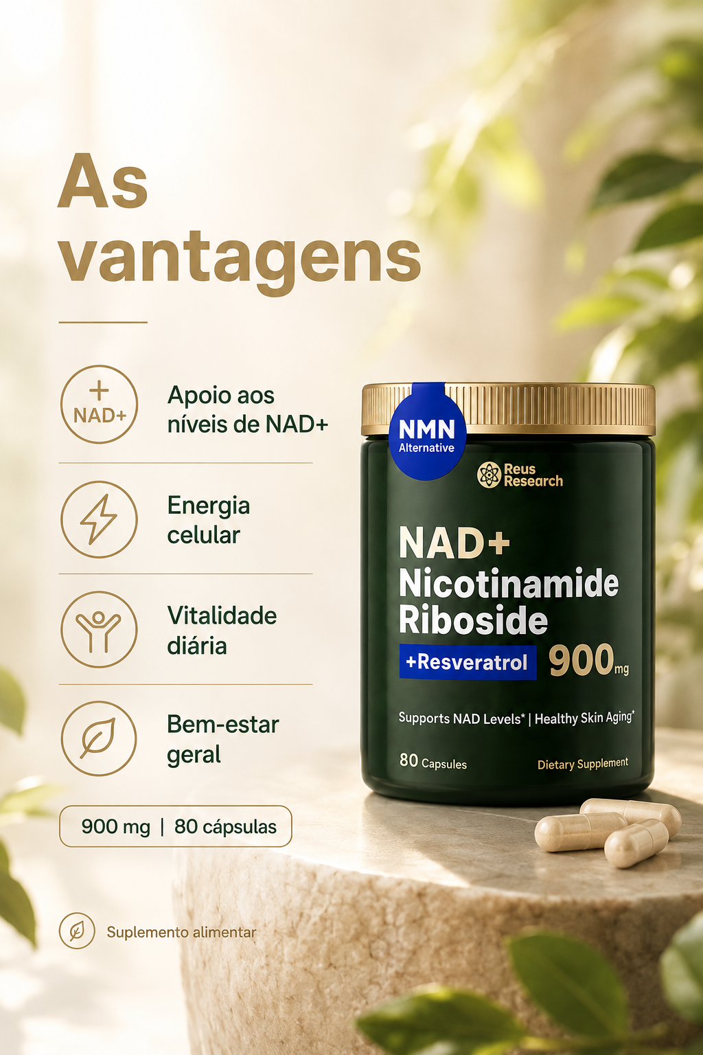 NAD+ com Nicotinamida Ribósido e Resveratrol – 900 mg | 80 Cápsulas