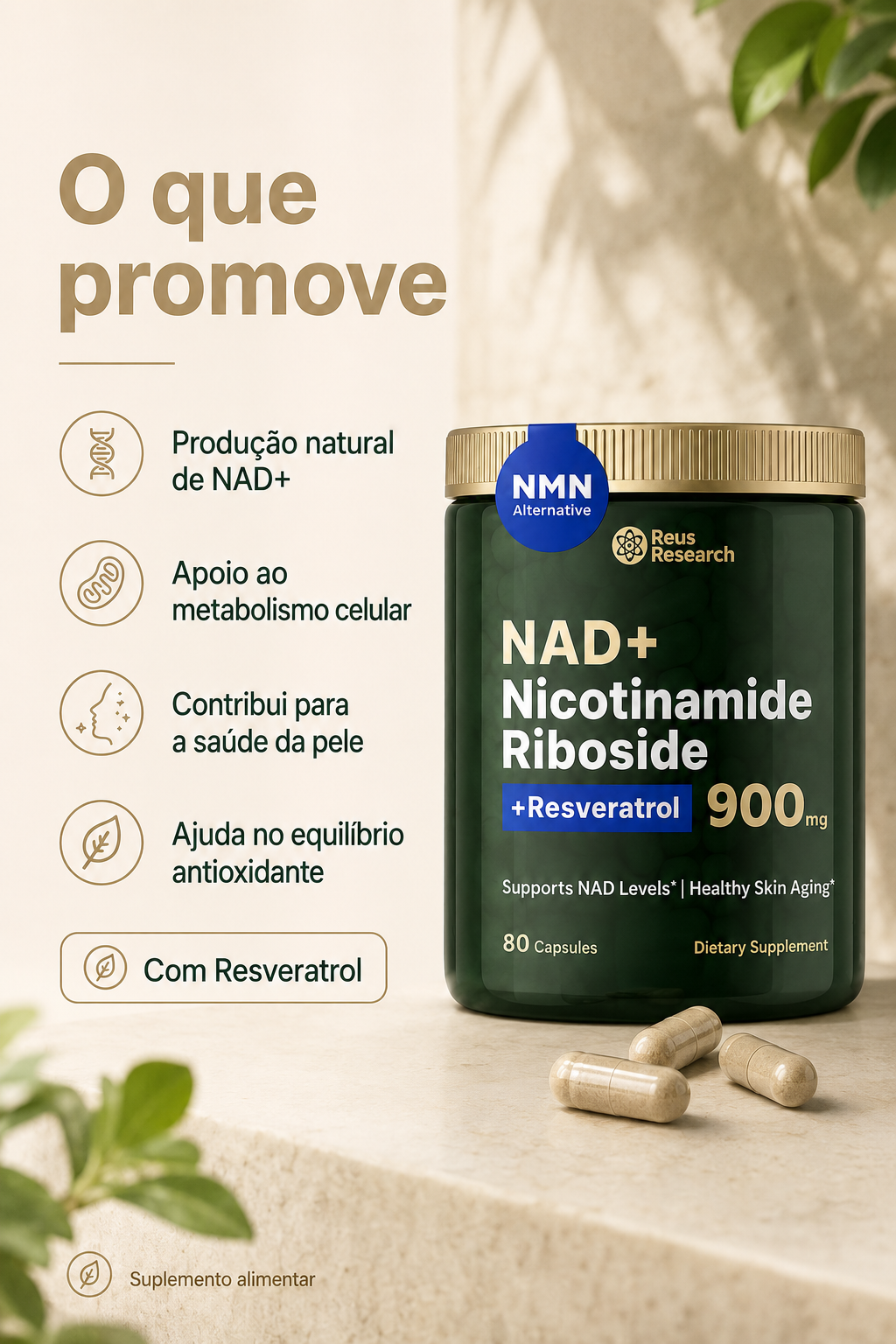 NAD+ com Nicotinamida Ribósido e Resveratrol – 900 mg | 80 Cápsulas