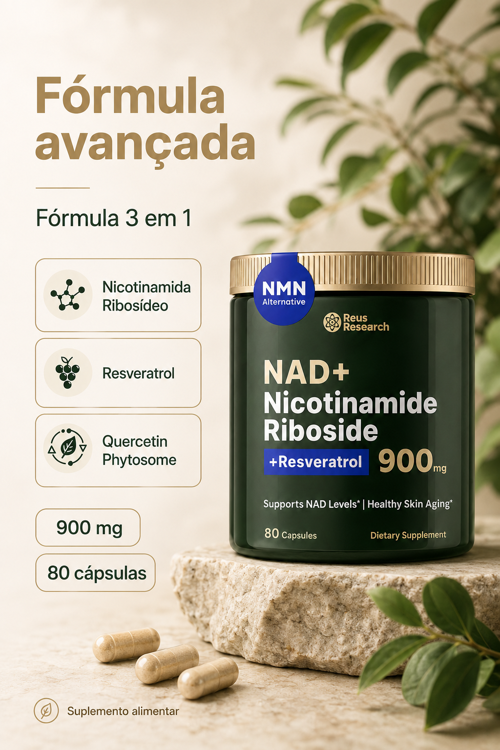 NAD+ com Nicotinamida Ribósido e Resveratrol – 900 mg | 80 Cápsulas